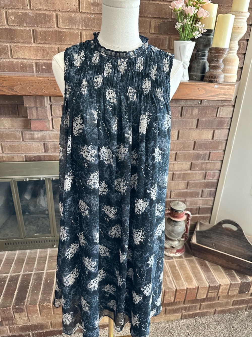 Joie Navy and White Sleeveless Smocked Neck Printed Dress